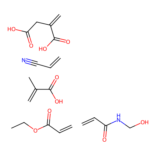 Ethyl acrylate, acrylonitrile, methacrylic acid, itaconic acid, methylolacrylamide polymer structure
