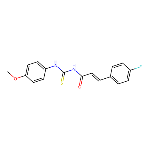 3-(4-fluorophenyl)-N-((4-methoxyphenyl)carbamothioyl)acrylamide structure