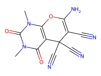7-amino-1,3-dimethyl-2,4-dioxo-1,2,3,4-tetrahydro-5H-pyrano[2,3-d]pyrimidine-5,5,6-tricarbonitrile structure