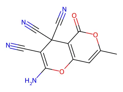 2-amino-7-methyl-5-oxo-4H,5H-pyrano[4,3-b]pyran-3,4,4-tricarbonitrile structure