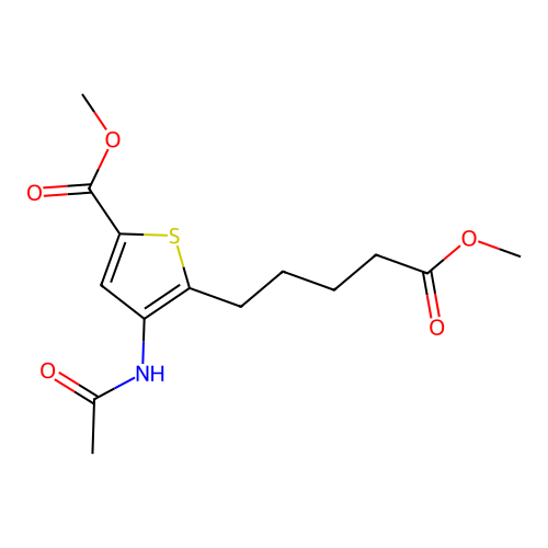 Methyl 4-acetamido-5-(5-methoxy-5-oxopentyl)thiophene-2-carboxylate structure