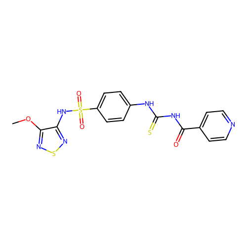 N-((4-(N-(4-methoxy-1,2,5-thiadiazol-3-yl)sulfamoyl)phenyl)carbamothioyl)isonicotinamide structure