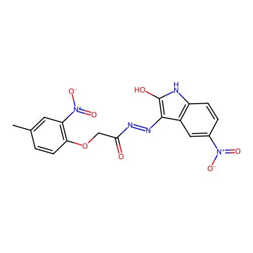 2-(4-methyl-2-nitrophenoxy)-N'-(5-nitro-2-oxo-1,2-dihydro-3H-indol-3-ylidene)acetohydrazide structure