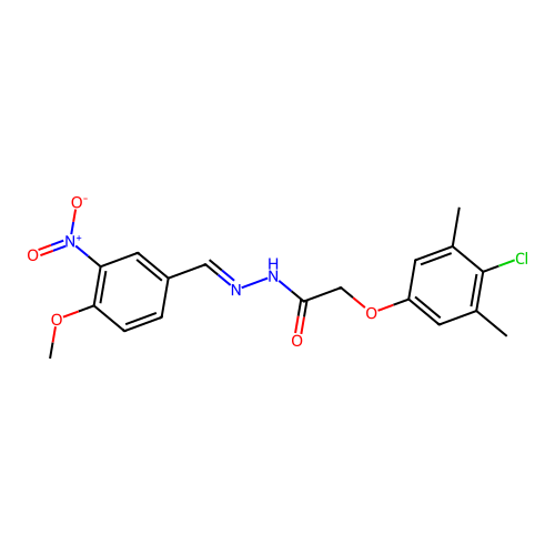 2-(4-chloro-3,5-dimethylphenoxy)-N'-[(E)-(4-methoxy-3-nitrophenyl)methylidene]acetohydrazide structure