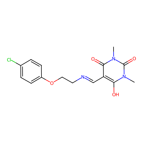 5-({[2-(4-chlorophenoxy)ethyl]amino}methylene)-1,3-dimethyl-2,4,6(1H,3H,5H)-pyrimidinetrione structure