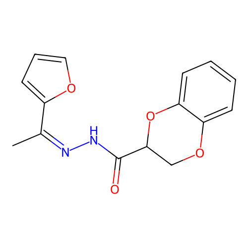 N'-[1-(2-furyl)ethylidene]-2,3-dihydro-1,4-benzodioxine-2-carbohydrazide structure