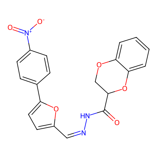 N'-{[5-(4-nitrophenyl)-2-furyl]methylene}-2,3-dihydro-1,4-benzodioxine-2-carbohydrazide structure