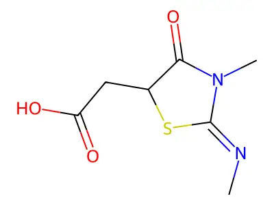 2-[(2Z)-3-methyl-2-(methylimino)-4-oxo-1,3-thiazolidin-5-yl]acetic acid structure
