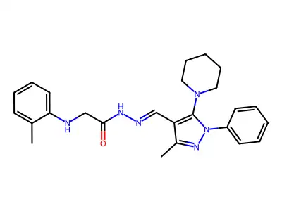 2-(2-methylanilino)-N-[(3-methyl-1-phenyl-5-piperidin-1-ylpyrazol-4-yl)methylideneamino]acetamide structure