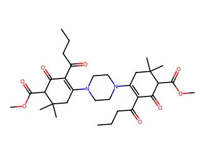 methyl 3-butanoyl-4-[4-(2-butanoyl-4-methoxycarbonyl-5,5-dimethyl-3-oxocyclohexen-1-yl)piperazin-1-yl]-6,6-dimethyl-2-oxocyclohex-3-ene-1-carboxylate structure