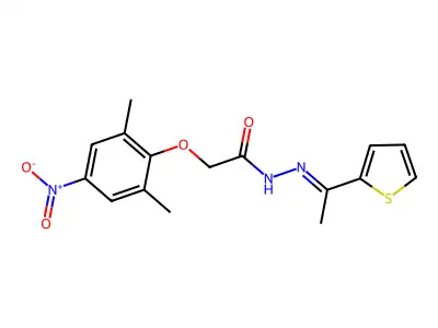 2-(2,6-dimethyl-4-nitrophenoxy)-N-[(E)-1-thiophen-2-ylethylideneamino]acetamide structure