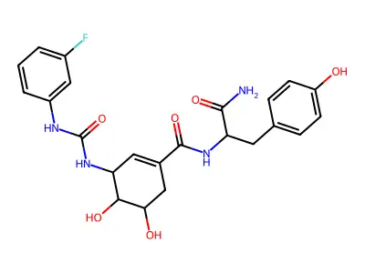 N-[1-amino-3-(4-hydroxyphenyl)-1-oxopropan-2-yl]-3-[(3-fluorophenyl)carbamoylamino]-4,5-dihydroxycyclohexene-1-carboxamide structure
