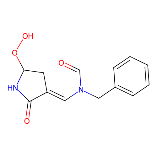 N-benzyl-N-[(E)-(5-hydroperoxy-2-oxopyrrolidin-3-ylidene)methyl]formamide structure