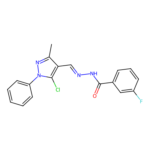 N-[(E)-(5-chloro-3-methyl-1-phenylpyrazol-4-yl)methylideneamino]-3-fluorobenzamide structure