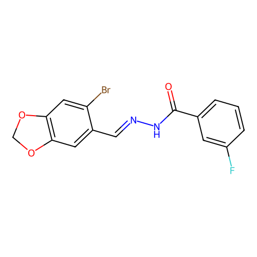 N-[(E)-(6-bromo-1,3-benzodioxol-5-yl)methylideneamino]-3-fluorobenzamide structure