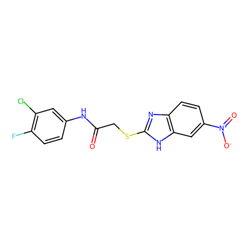 N-(3-chloro-4-fluorophenyl)-2-[(5-nitro-1H-benzimidazol-2-yl)sulfanyl]acetamide structure