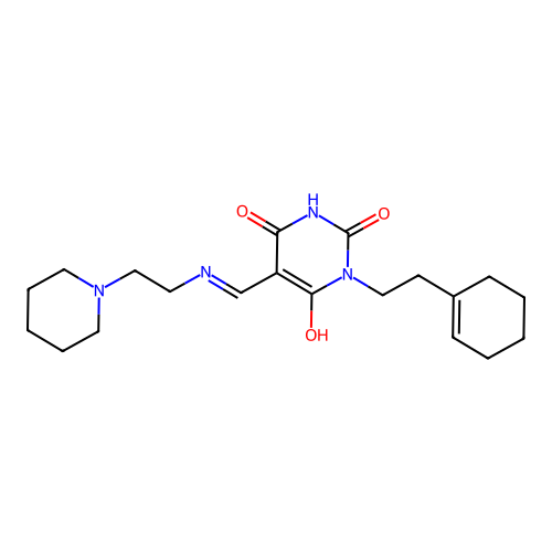 (5E)-1-[2-(cyclohexen-1-yl)ethyl]-5-[(2-piperidin-1-ylethylamino)methylidene]-1,3-diazinane-2,4,6-trione structure