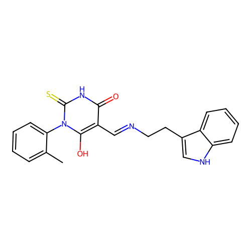 5-({[2-(1H-indol-3-yl)ethyl]amino}methylene)-1-(2-methylphenyl)-2-thioxodihydro-4,6(1H,5H)-pyrimidinedione structure
