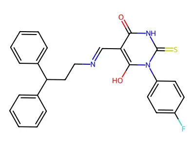 (5Z)-5-[(3,3-diphenylpropylamino)methylidene]-1-(4-fluorophenyl)-2-sulfanylidene-1,3-diazinane-4,6-dione structure