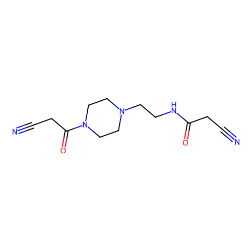 2-cyano-N-[2-[4-(2-cyanoacetyl)piperazin-1-yl]ethyl]acetamide structure