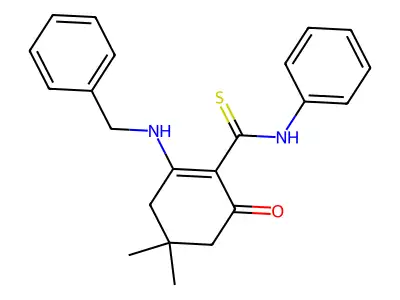2-(benzylamino)-4,4-dimethyl-6-oxo-N-phenylcyclohex-1-ene-1-carbothioamide structure