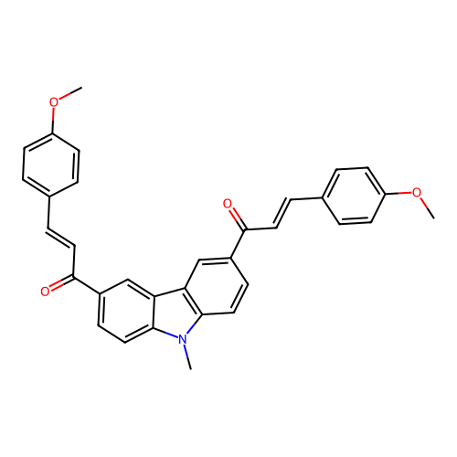 (2E,2'E)-1,1'-(9-methyl-9H-carbazole-3,6-diyl)bis(3-(4-methoxyphenyl)prop-2-en-1-one) structure