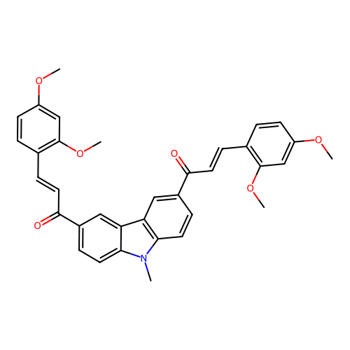 (2E,2'E)-1,1'-(9-methyl-9H-carbazole-3,6-diyl)bis(3-(2,4-dimethoxyphenyl)prop-2-en-1-one) structure