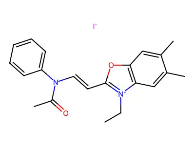 3-Ethyl-5,6-dimethyl-2-[2-(N-phenylacetamido)ethen-1-yl]-1,3-benzoxazol-3-ium iodide structure