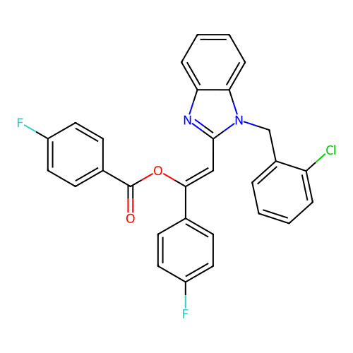 (Z)-2-(1-(2-chlorobenzyl)-1H-benzo[d]imidazol-2-yl)-1-(4-fluorophenyl)vinyl 4-fluorobenzoate structure