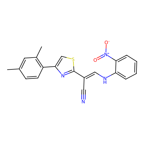 (E)-2-(4-(2,4-dimethylphenyl)thiazol-2-yl)-3-((2-nitrophenyl)amino)acrylonitrile structure