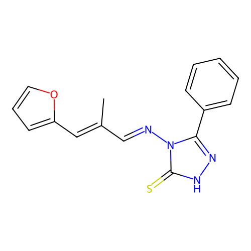 4-{[3-(2-furyl)-2-methyl-2-propen-1-ylidene]amino}-5-phenyl-4H-1,2,4-triazole-3-thiol structure