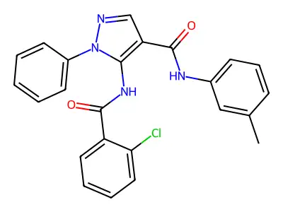 5-[(2-chlorobenzoyl)amino]-N-(3-methylphenyl)-1-phenylpyrazole-4-carboxamide structure