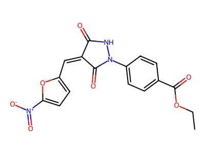 Ethyl 4-[4-[(5-nitrofuran-2-yl)methylidene]-3,5-dioxopyrazolidin-1-yl]benzoate structure