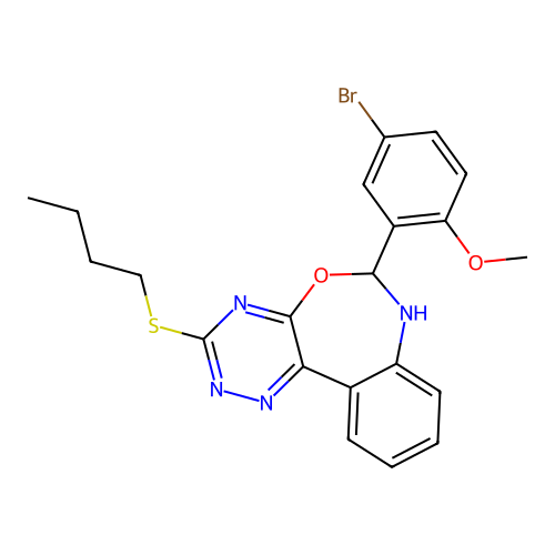 4-bromo-2-[3-(butylsulfanyl)-6,7-dihydro[1,2,4]triazino[5,6-d][3,1]benzoxazepin-6-yl]phenyl methyl ether structure