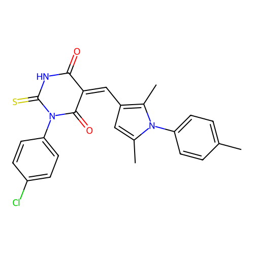(5Z)-1-(4-chlorophenyl)-5-[[2,5-dimethyl-1-(4-methylphenyl)pyrrol-3-yl]methylidene]-2-sulfanylidene-1,3-diazinane-4,6-dione structure