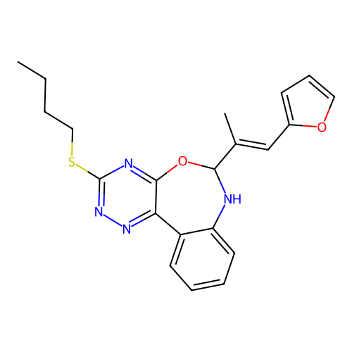 3-butylsulfanyl-6-[(E)-1-(furan-2-yl)prop-1-en-2-yl]-6,7-dihydro-[1,2,4]triazino[5,6-d][3,1]benzoxazepine structure