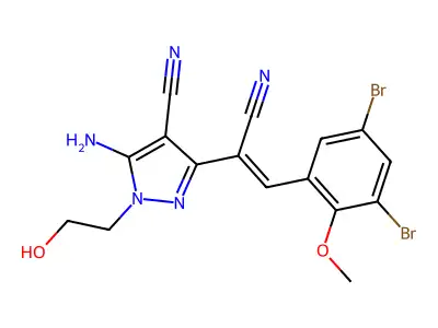 5-amino-3-[1-cyano-2-(3,5-dibromo-2-methoxyphenyl)ethenyl]-1-(2-hydroxyethyl)pyrazole-4-carbonitrile structure