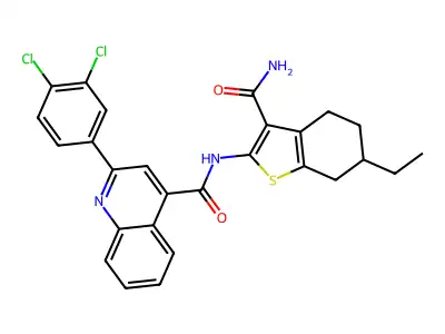 N-(3-carbamoyl-6-ethyl-4,5,6,7-tetrahydro-1-benzothiophen-2-yl)-2-(3,4-dichlorophenyl)quinoline-4-carboxamide structure