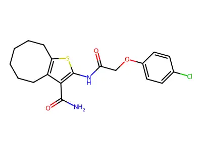 2-[[2-(4-chlorophenoxy)acetyl]amino]-4,5,6,7,8,9-hexahydrocycloocta[b]thiophene-3-carboxamide structure
