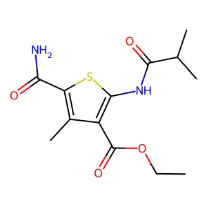Ethyl 5-carbamoyl-4-methyl-2-(2-methylpropanoylamino)thiophene-3-carboxylate structure