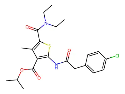 propan-2-yl 2-[[2-(4-chlorophenyl)acetyl]amino]-5-(diethylcarbamoyl)-4-methylthiophene-3-carboxylate structure