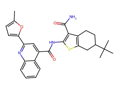 N-(6-tert-butyl-3-carbamoyl-4,5,6,7-tetrahydro-1-benzothiophen-2-yl)-2-(5-methylfuran-2-yl)quinoline-4-carboxamide structure