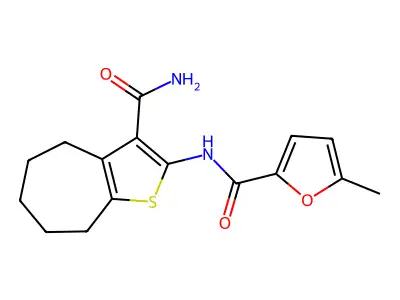 N-(3-carbamoyl-5,6,7,8-tetrahydro-4H-cyclohepta[b]thiophen-2-yl)-5-methylfuran-2-carboxamide structure