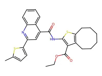 ethyl 2-[[2-(5-methylthiophen-2-yl)quinoline-4-carbonyl]amino]-4,5,6,7,8,9-hexahydrocycloocta[b]thiophene-3-carboxylate structure