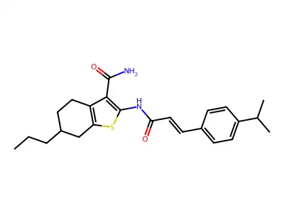 2-[[(E)-3-(4-propan-2-ylphenyl)prop-2-enoyl]amino]-6-propyl-4,5,6,7-tetrahydro-1-benzothiophene-3-carboxamide structure