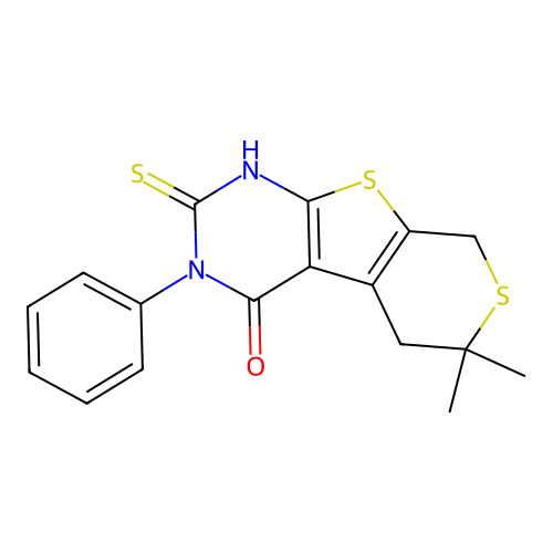 2-mercapto-6,6-dimethyl-3-phenyl-5,6-dihydro-3H-thiopyrano[4',3':4,5]thieno[2,3-d]pyrimidin-4(8H)-one structure