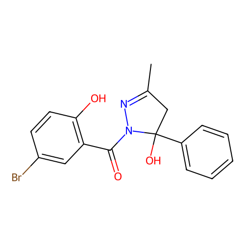 (5-bromo-2-hydroxyphenyl)(5-hydroxy-3-methyl-5-phenyl-4,5-dihydro-1H-pyrazol-1-yl)methanone structure