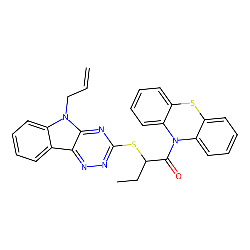 1-(10H-phenothiazin-10-yl)-2-{[5-(prop-2-en-1-yl)-5H-[1,2,4]triazino[5,6-b]indol-3-yl]sulfanyl}butan-1-one structure