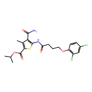 propan-2-yl 4-carbamoyl-5-[4-(2,4-dichlorophenoxy)butanoylamino]-3-methylthiophene-2-carboxylate structure