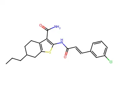 2-[[(E)-3-(3-chlorophenyl)prop-2-enoyl]amino]-6-propyl-4,5,6,7-tetrahydro-1-benzothiophene-3-carboxamide structure